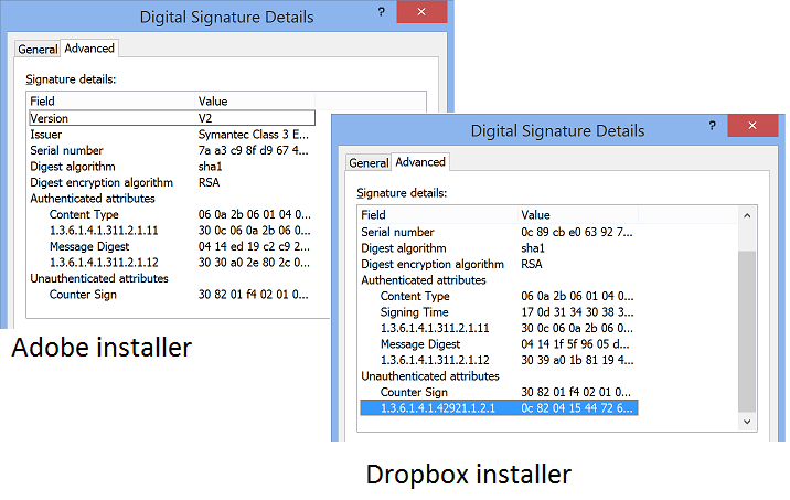 Adobe installer on left, Dropbox installer with unauthenticated attribute on the right